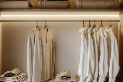 a closet with white clothes