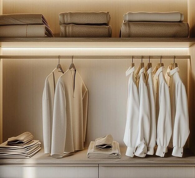 a closet with white clothes