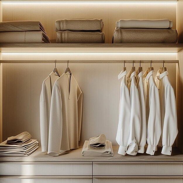 a closet with white clothes